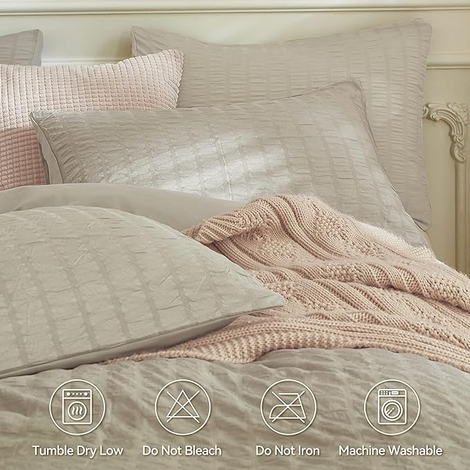JELLYMONI Light Khaki Duvet Cover Queen Size, Soft Breathable Seersucker Duvet - Image 4