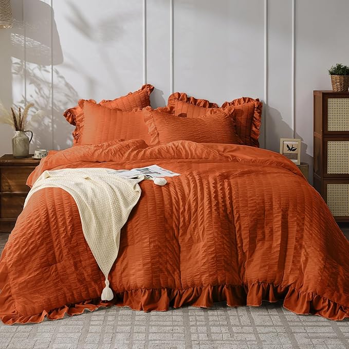 JOLLYVOGUE Burnt Orange Comforter Full Size, 3 Pieces Seersucker Lightweight by JOLLYVOGUE