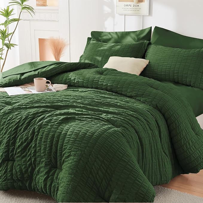 HYMOKEGE Dark Green Twin XLComforter Set Seersucker 5 Pieces, All Season Luxury - Image 7
