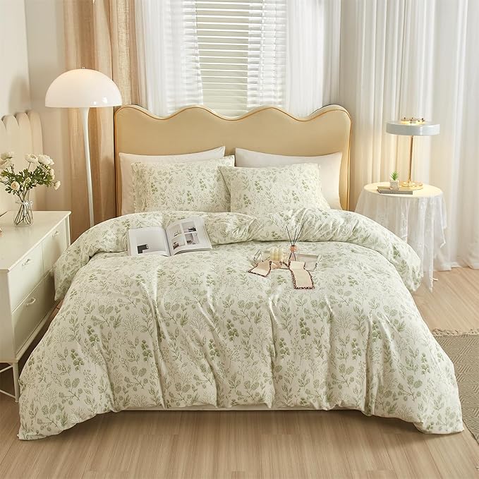 mixinni Girls Boho Green Floral Duvet Cover Set Twin Size Cotton Soft Aesthetic by mixinni