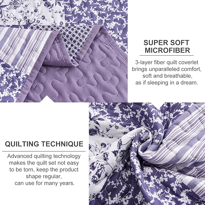 Mybedsoul Purple Quilt Set King Size Quilt Bedding Set Brown Plaid, 3 Pieces - Image 4