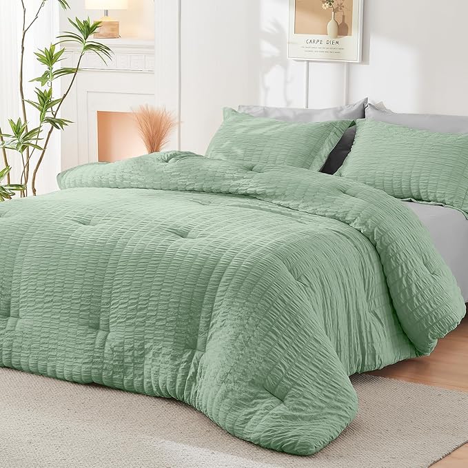 HYMOKEGE Sage Green/Light Grey California King Comforter Set Seersucker 7 Pieces - Image 8