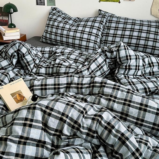 mixinni Vintage Grey & Pale Blue Buffalo Plaid Duvet Cover Set Twin XL Size - Image 3