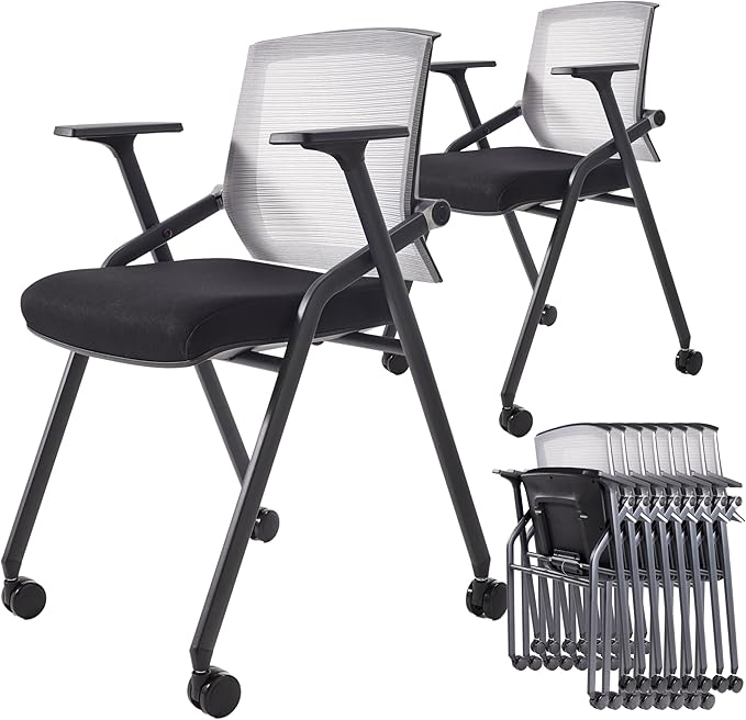 10 Pack Foldable Office Chair with PU Wheels and Sliding Armrest-Ergonomic Mesh Bouncing Back, Stackable Conference Room Chair, Office Guest & Reception & Meeting Chair (Black)-DeskoryOffice