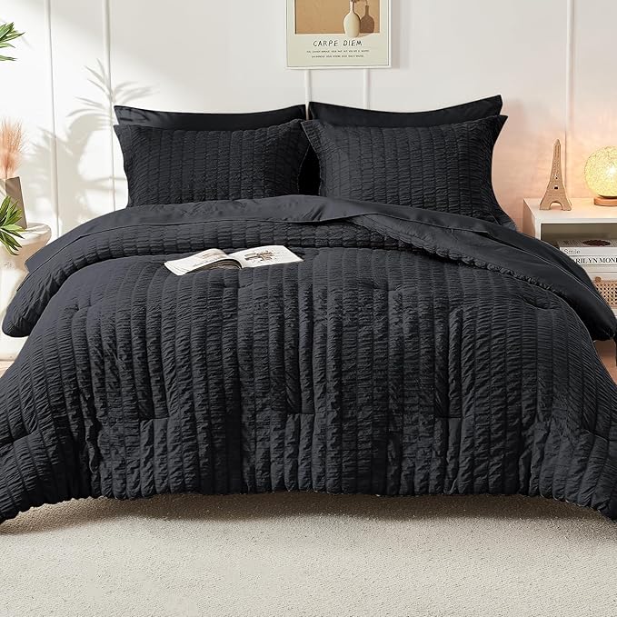 HYMOKEGE Black Queen Comforter Set Seersucker 7 Pieces, All Season Luxury Bed - Image 9