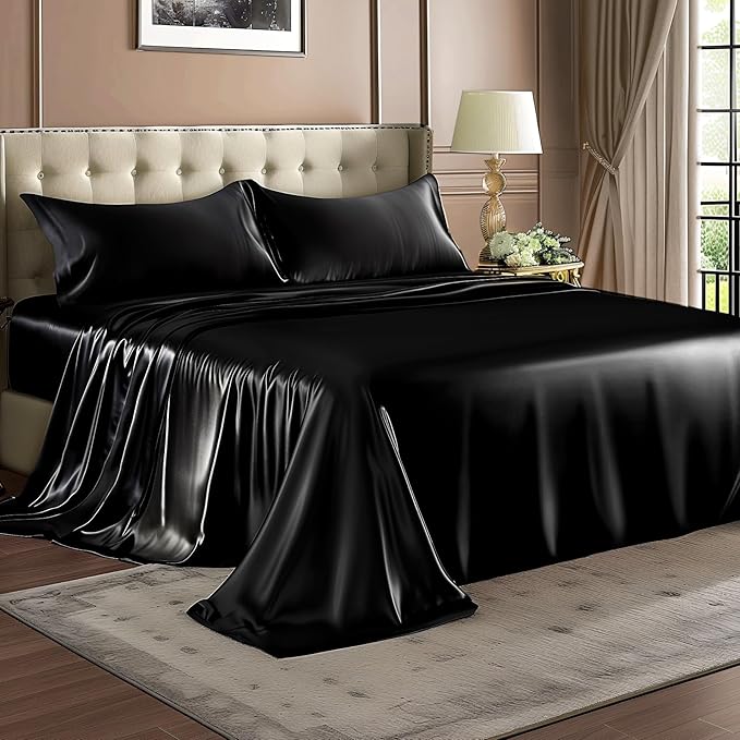 BEDELITE Satin Sheets Twin XL Size Bed Set, Luxury Soft Black Silky Sheets - Image 8