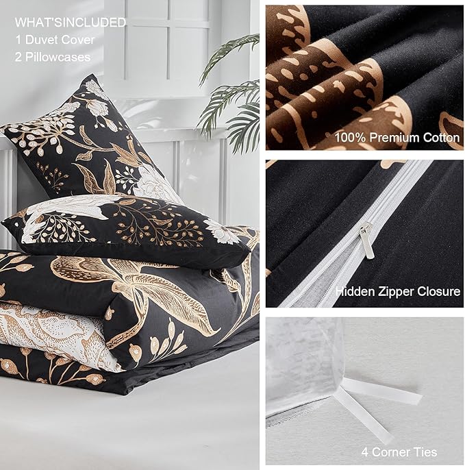 mixinni Floral Duvet Cover King Size, 3 Pieces White Flowers and Gold Leaves - Image 6