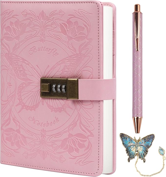 TIEFOSSI Diary with Lock for Women Girls, Lined Locked Journal, Butterfly Journal Notebook with Pen and Bookmark, A5 Refillable Locking Journals for Writing, 224 Numbered Pages-DeskoryOffice