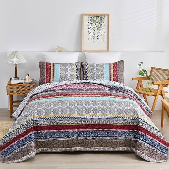 WONGS BEDDING Boho Quilt Set Queen Size, Lightweight Microfiber Bedspread - Image 2