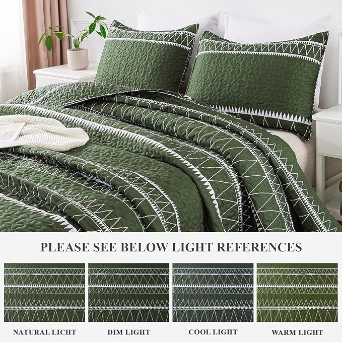 Andency Green California King Quilt Set, 3 Pieces Boho Lightweight Soft Striped - Image 4