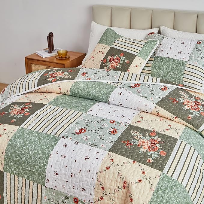 Patchwork Quilt Set Twin Size, 2 Pieces Green White Floral Plaid Design Summer - Image 4