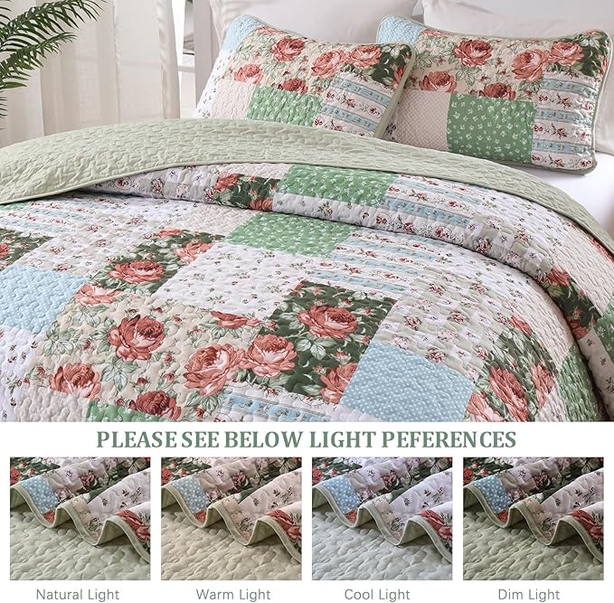 Anibedding 3 Pieces Green Patchwork Quilt Set Queen Size, Bohemian Red Flower - Image 8