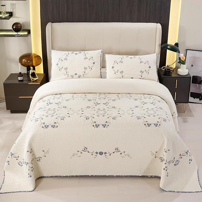 Quilt Set Blue Floral 3D Embroidery Pattern 2 PCS 100% Cotton Reversible - Image 7