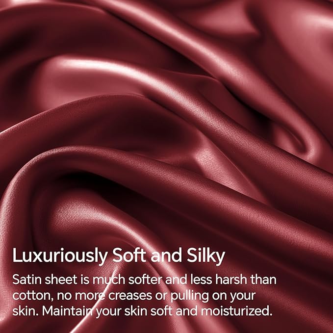 BEDELITE Satin Sheets Twin Size Bed Set, Luxury Soft Burgundy Silky Sheets - Image 3