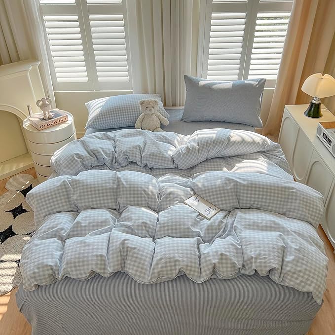 mixinni Light Blue Gingham Duvet Cover Set Queen Size - Image 3