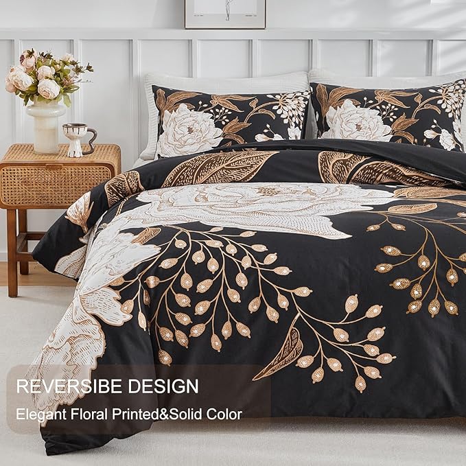 mixinni Black Floral Duvet Cover Full Size, 3 Pieces Garden Style Botanical - Image 3