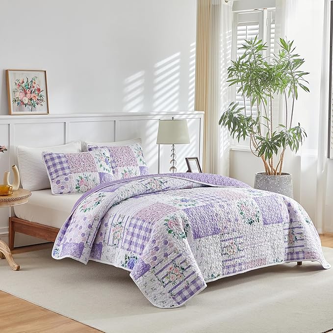 Joyreap 3 Pieces Floral Quilt Set King, Patchwork Purple n Pink Flowers Design - Image 2