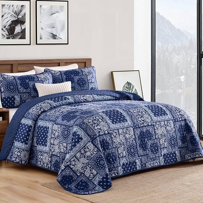 Cottolester Queen Quilt Set 3 Pieces, Boho Farmhouse Bedspread Soft Microfiber - Image 2