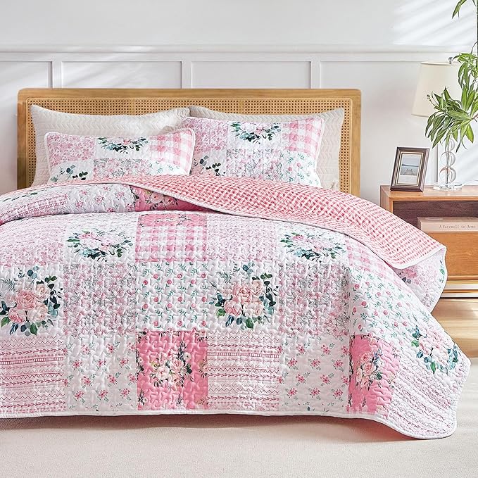 Joyreap 2 Pieces Floral Patchwork Quilt Set Twin, Soft n Cozy Microfiber Quilt - Image 3