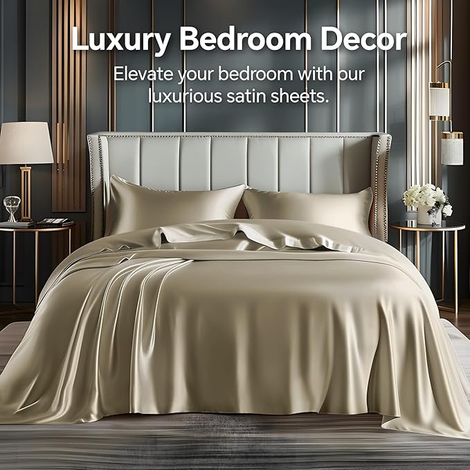 BEDELITE Satin Sheets Full Size Bed Set, Luxury Soft Taupe Silky Sheets - Image 2