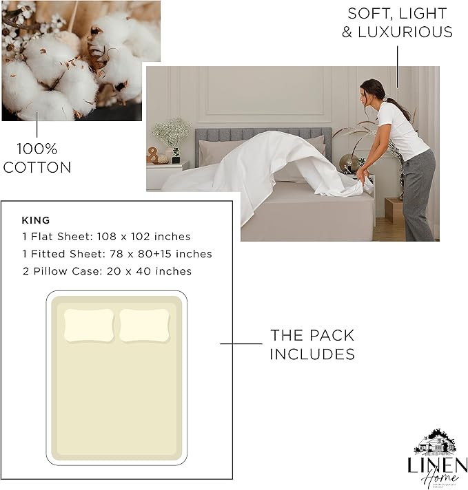 Linen Home 100% Cotton Percale Sheets King Size, Deep Pocket, 4 Pieces Set - Image 6