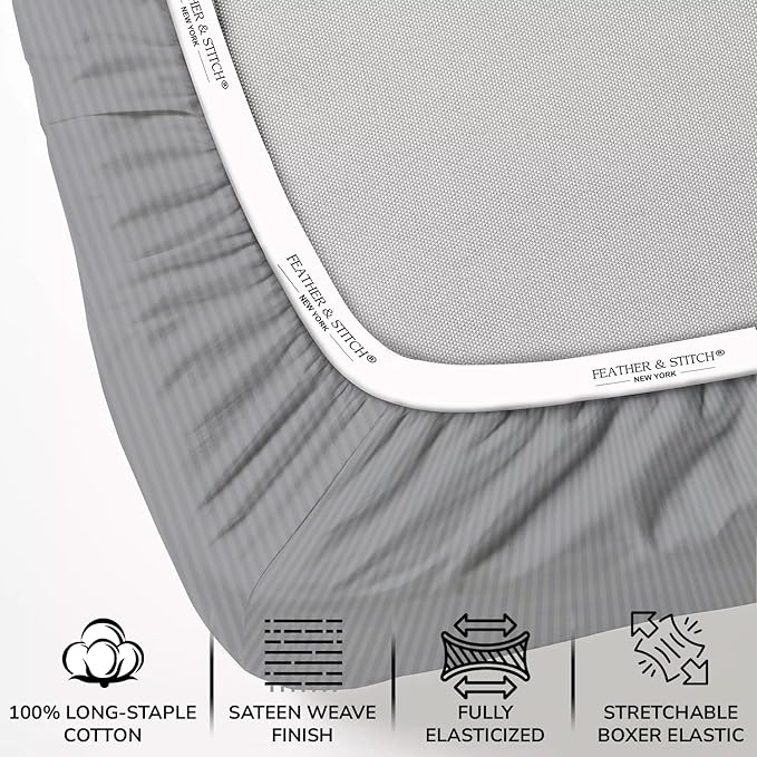 Feather & Stitch 1 Piece Fitted Sheet King Size, 100% Cotton Damask Sateen Weave - Image 2