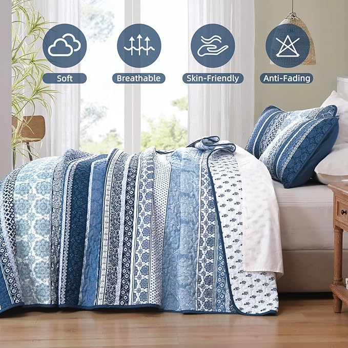 WONGS BEDDING Boho Quilt Set Queen Size, Lightweight Microfiber Bedspread - Image 4