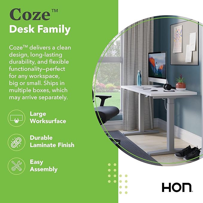 HON Coze Electric Standing Desk Adjustable Height, Coordinate Height Adjustable Desk, 54", Natural Recon Top, White Base-DeskoryOffice