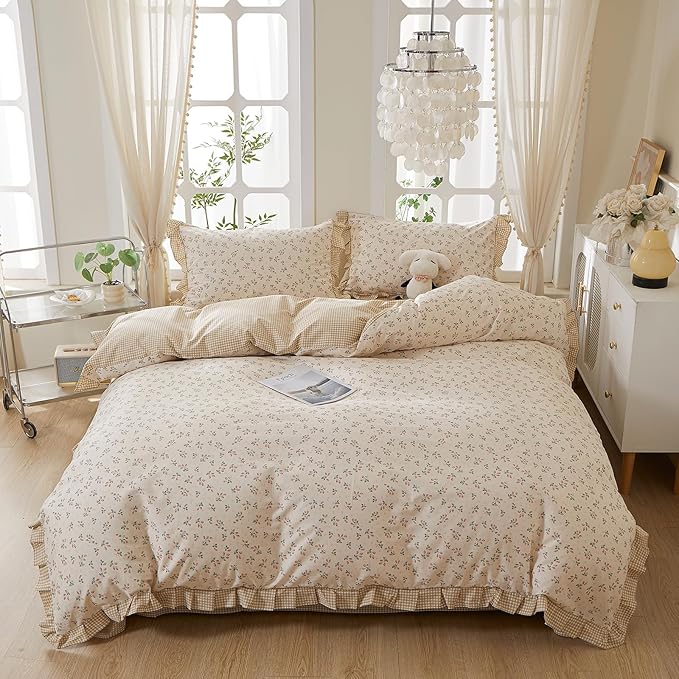 mixinni Beige Floral Duvet Cover Queen Size, 100% Cotton Cute Strawberry Floral - Image 9