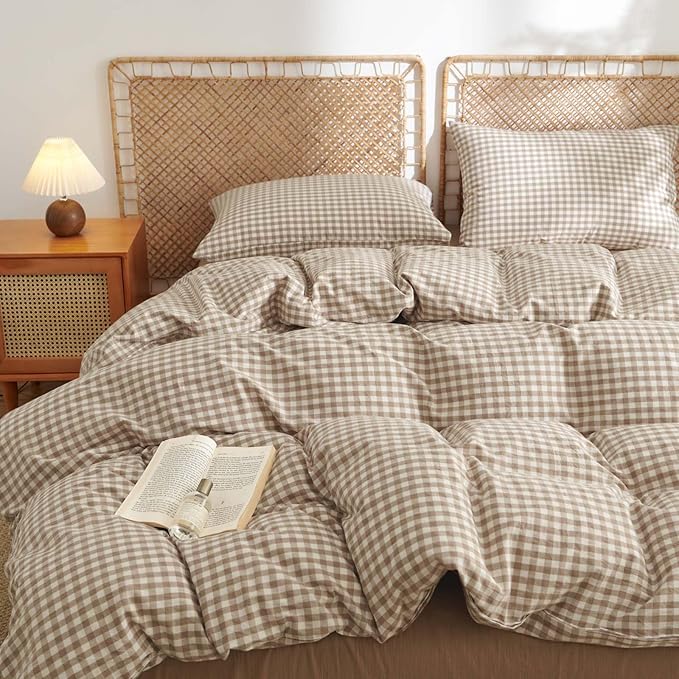 Nayoroom Gingham Duvet Cover Twin Size 100% Washed Cotton Brown Tan Plaid by Nayoroom