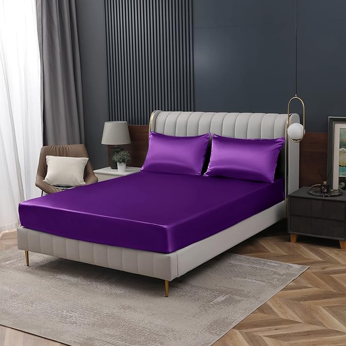 Homiest Purple Satin Fitted Sheet Queen Size, Deep Pocket, Luxury & Ultra Soft - Image 9