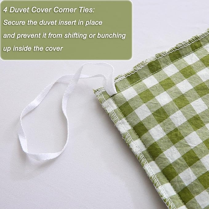 Silnuo Olive Green/White Checkered Ruffle 3-Piece Duvet Cover Set Queen Size - Image 7
