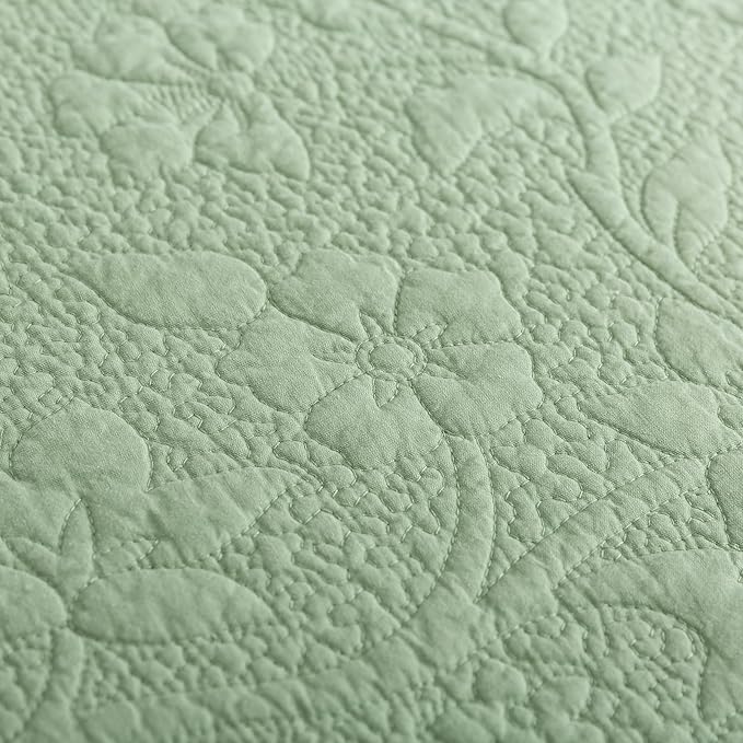 Brandream Luxury King Quilt Set Cotton Sage Green Floral Vine Stitching - Image 9