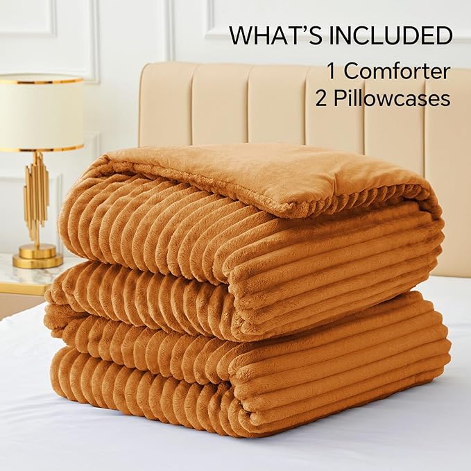 BEDELITE Fleece Queen Comforter Set -Super Soft & Warm Fluffy Rust Orange - Image 7