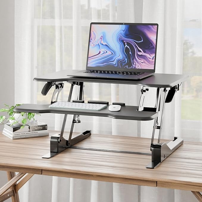 Mount-It! Height Adjustable Standing Desk Converter, Compact 30” Wide Tabletop Standing Desk Riser with Gas Spring, Desktop Stand Up Workstation with Keyboard Tray Fits Monitor or Laptop, Black-DeskoryOffice
