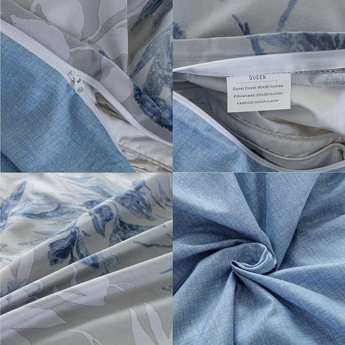 OAITE Duvet Cover Queen Size, Reversible Flower Blue Duvet Cover Set - Image 5