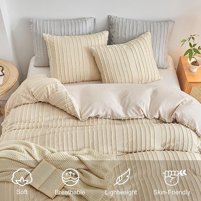 WARMDERN Khaki Boho Duvet Cover Set Queen Size, Striped Textured Tufted Bedding - Image 3