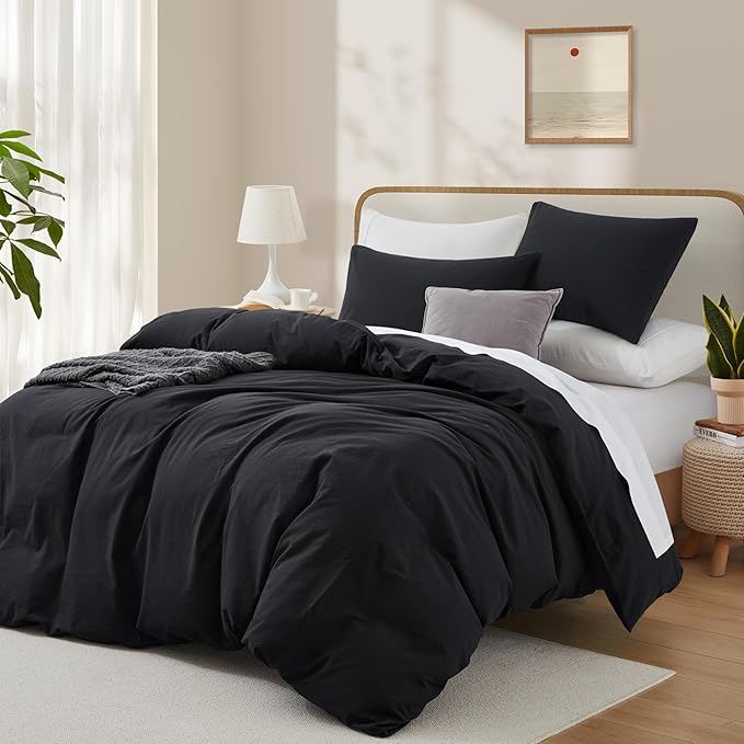 Black Duvet Cover Full Size, 100% Washed Cotton Linen Like Bedding Set - Image 2