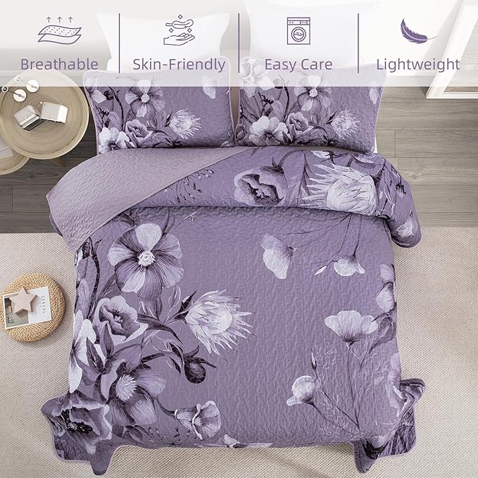 Floral Quilt Set Queen 3 Pieces Dark Purple Boho Flower Quilt Coverlet Set Soft - Image 5