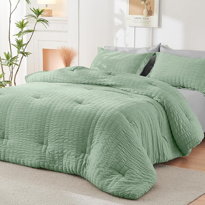 HYMOKEGE Sage Green/Light Grey Queen Comforter Set Seersucker 7 Pieces - Image 8