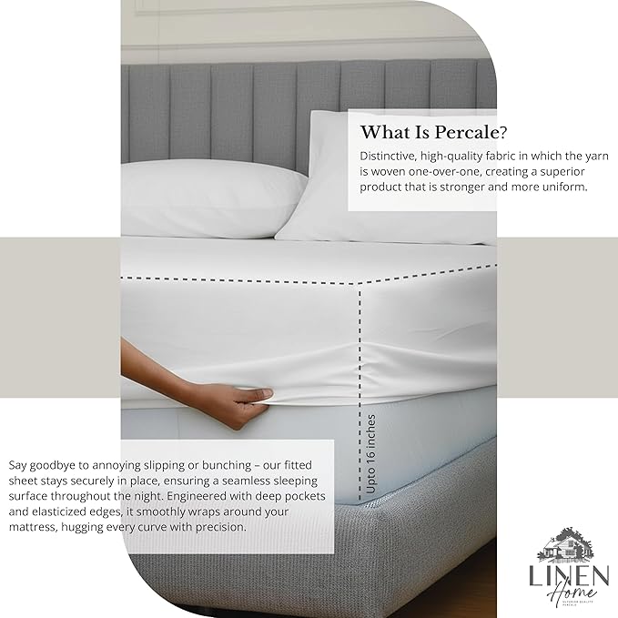 Linen Home 100% Cotton Percale Sheet Set, Full Size, Deep Pocket, 6 Pieces Set - Image 4