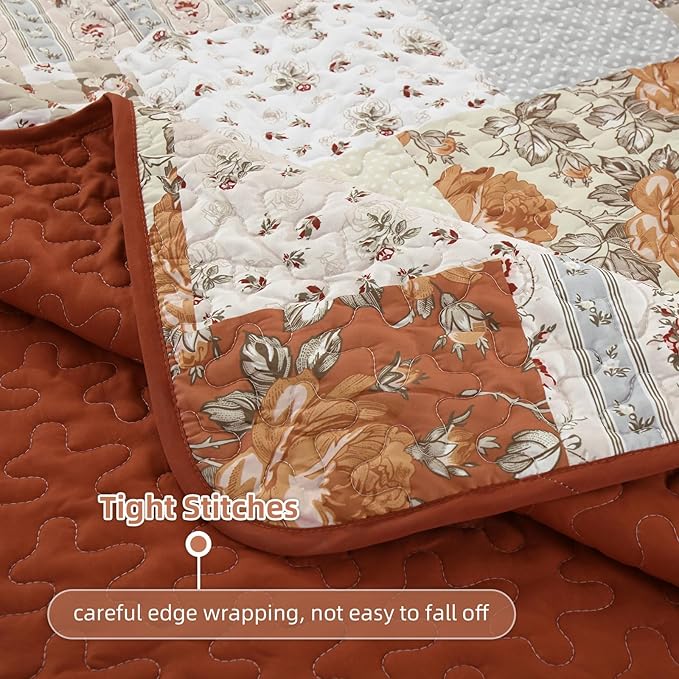 Patchwork Quilts Set King Size 3 Pieces Terracotta Plaid Bedspread Coverlet Set - Image 6