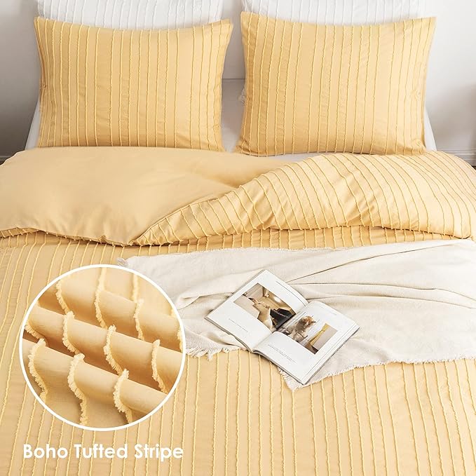 WARMDERN Yellow Boho Duvet Cover Set King Size, Striped Textured Duvet Cover - Image 2