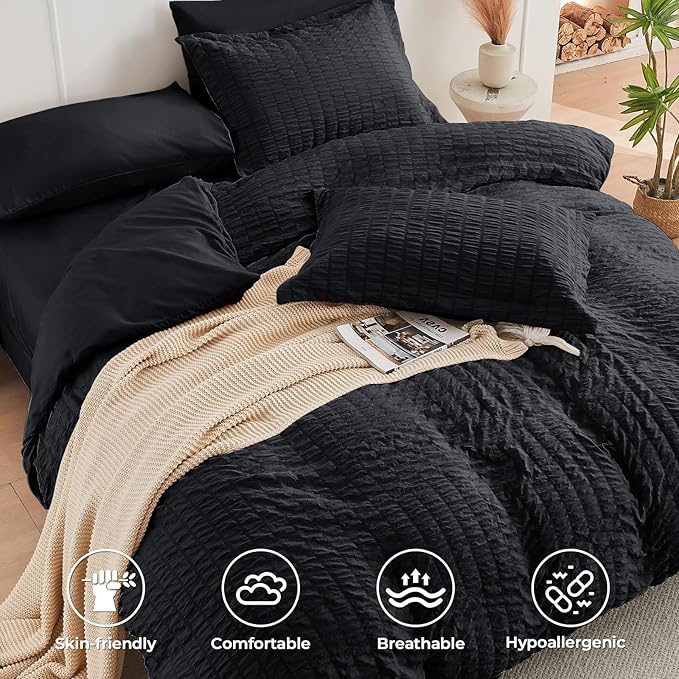 HYMOKEGE Black Twin Size Duvet Cover, Ultra Soft 2-Piece Seersucker Duvet Cover - Image 2