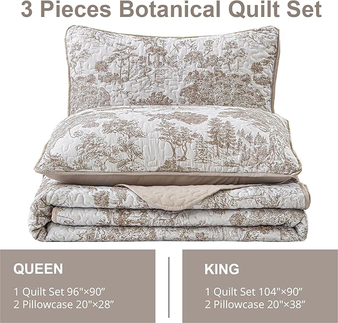 WONGS BEDDING Botanical Quilt Set Full Size, 3 Pieces Khaki Toile Floral Plants - Image 6