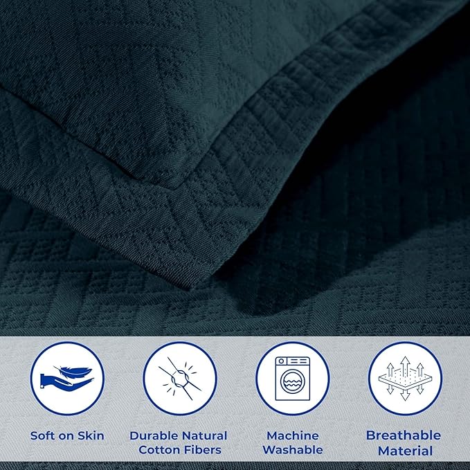 Superior 2 Piece Basketweave Cotton Bedspread Set, Home Bed Decor, Decorative Bed Spread, 1 Pillow Sham, Medium Weight Blanket, Matelasse Coverlet Bedding, Geometric Lattice Pattern, Twin, Deep Sea