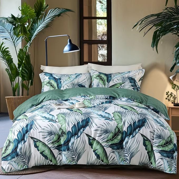 OAITE Duvet Cover Twin Size, Reversible Summer Leaf Green Duvet Cover Set by OAITE