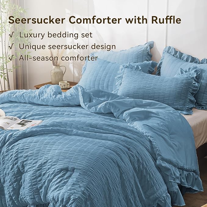 JOLLYVOGUE Twin Size Comforter Set, 2 Pieces Sea Blue Seersucker Lightweight - Image 3