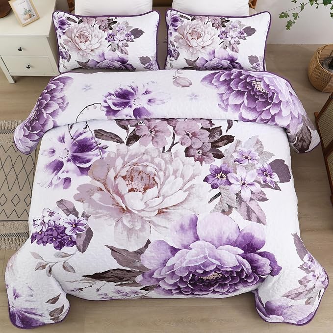WONGS BEDDING Floral Quilt Set Purple Full, Quilted Printed Lightweight - Image 2