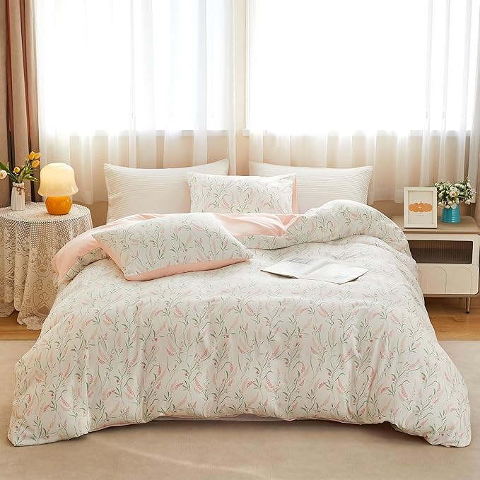 BOLINLIVING Pink Floral Duvet Cover Full Size, Reversible Botanical Spring by BOLINLIVING